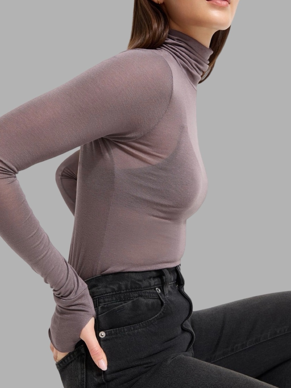 MARCELLA NYC Eloise Sheer European Jersey Turtleneck in ANTHRACITE (MAUVE)